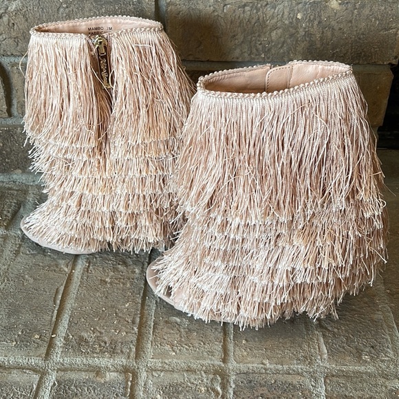 Nelly Bernal Mambo Champagne Fringe Open Toe Stiletto High Heels - Picture 6 of 12